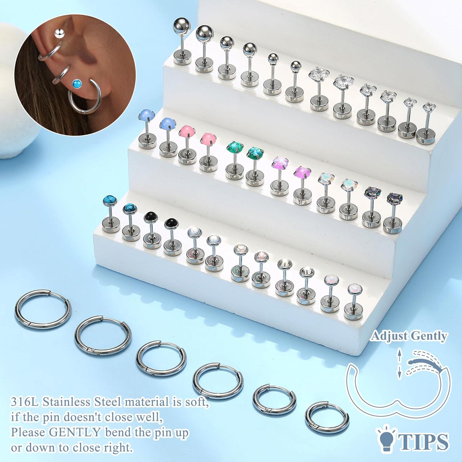 Damen Ohrringe Set Chirurgenstahl Zirkonia Stern Opal Mondstein Knorpel