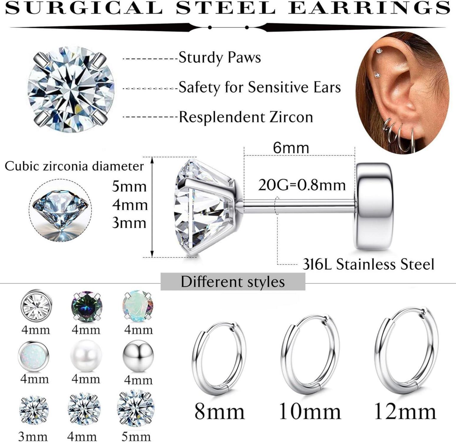 Kleine Ohrstecker Chirurgenstahl Opal Zirkonia Silber Set