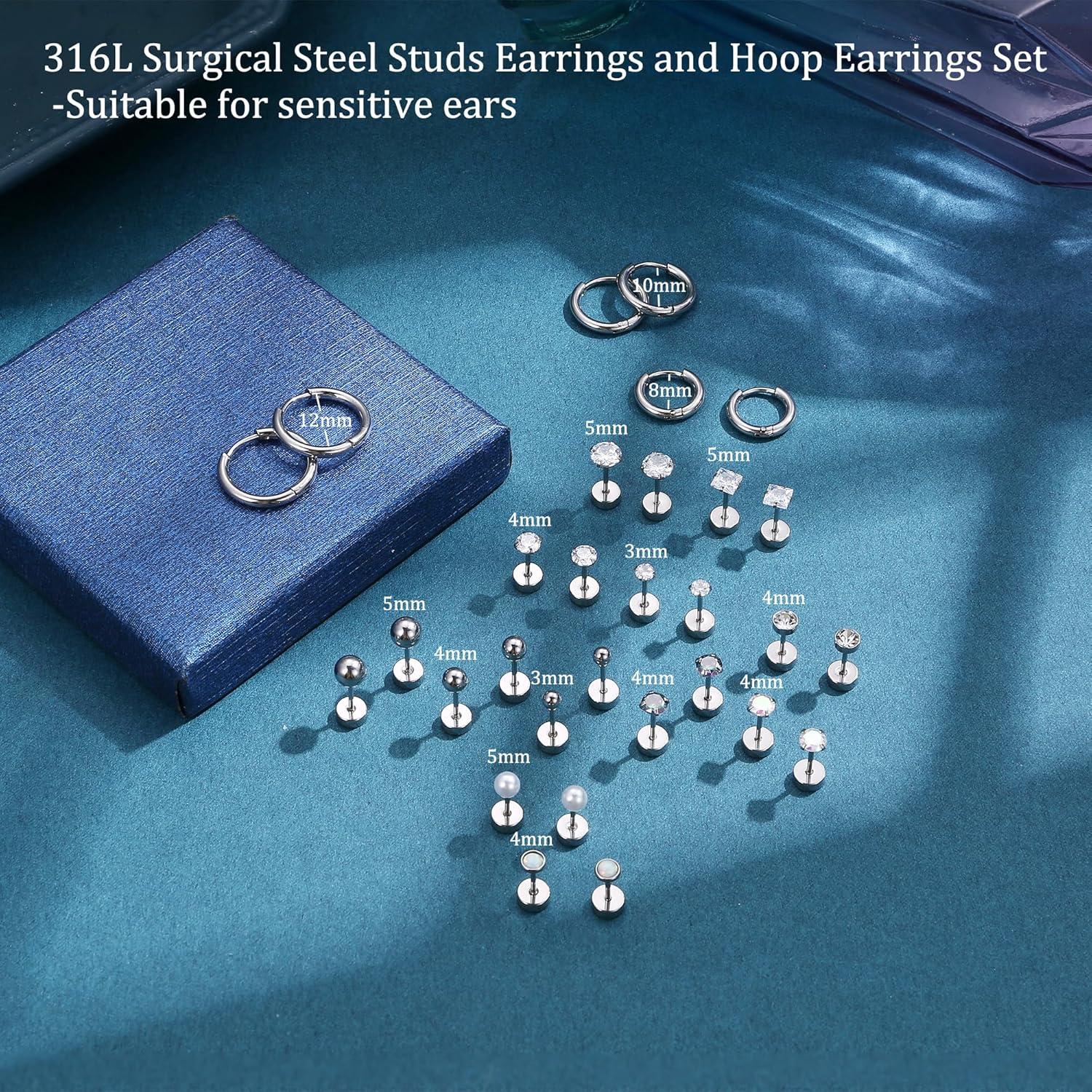 JeweBella Kleine Ohrstecker Chirurgenstahl für Damen Mädchen Opal Kugel Cubic Zirkonia Ohrstecker Set