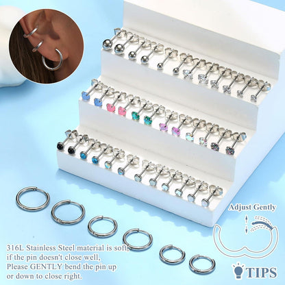 21 Paar Kleine Ohrstecker Chirurgenstahl Zirkonia Opal Mondstein Set Silber