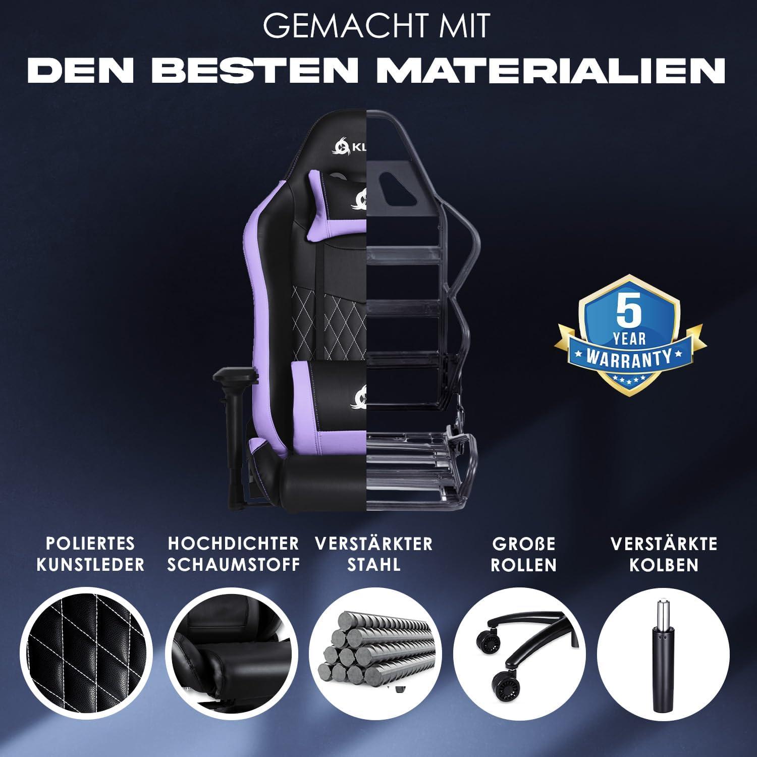 Gaming Stuhl Lila mit Lenden- und Nackenstütze - Ergonomisch