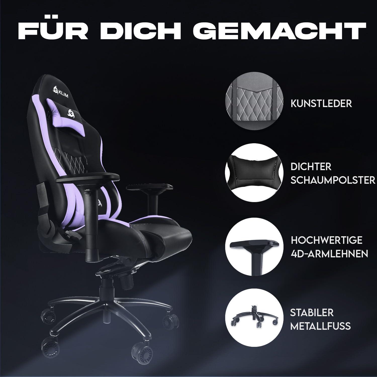 KLIM Esports Gaming Stuhl Lila mit Lenden- und Nackenstütze - Verstellbarer PC Sessel Ergonomisch aus Premium-Materialien - Violett