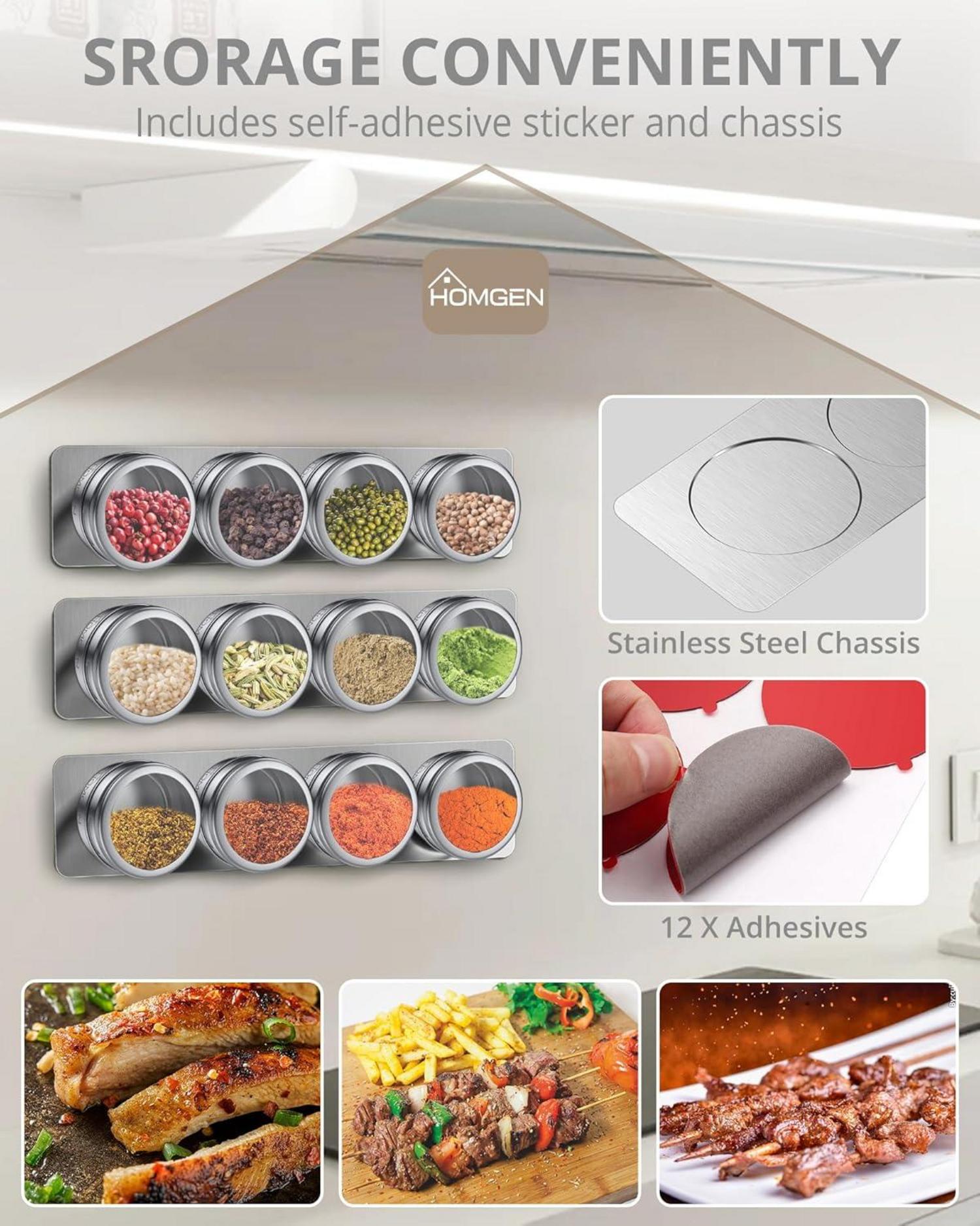 HOMGEN Gewürzdosen Set Magnetisch Edelstahl 12 Stk. 100ml Magnet Spice Jars mit Gewürzregal & Etiketten