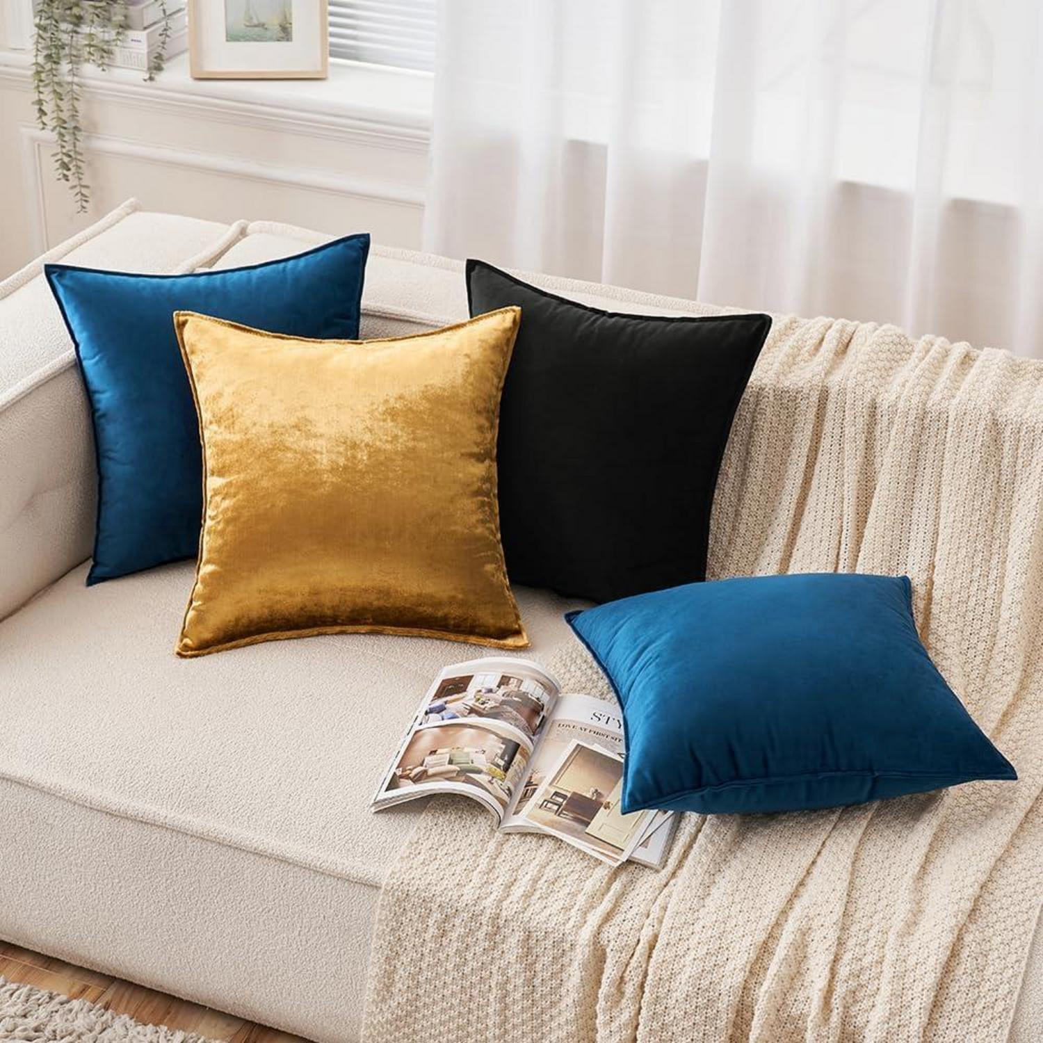 EMEMA Samt Kissenbezug 40x40cm 2er Set Deko Sofakissen Champagner Golden