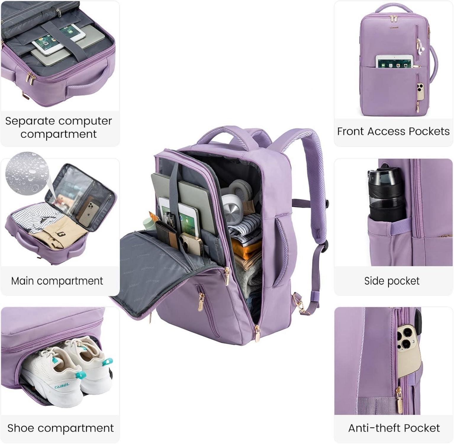 Damen Rucksack groß 30l Laptop 17.3 Zoll Erweiterbar Uni Wandern Violett