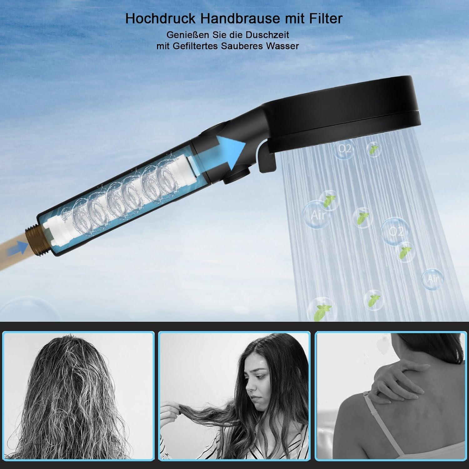 Nafall Duschkopf mit 4 PP Filter, Handbrause Wassersparend, 5 Strahlarten Hochdruck, Regendusche, Schwarz