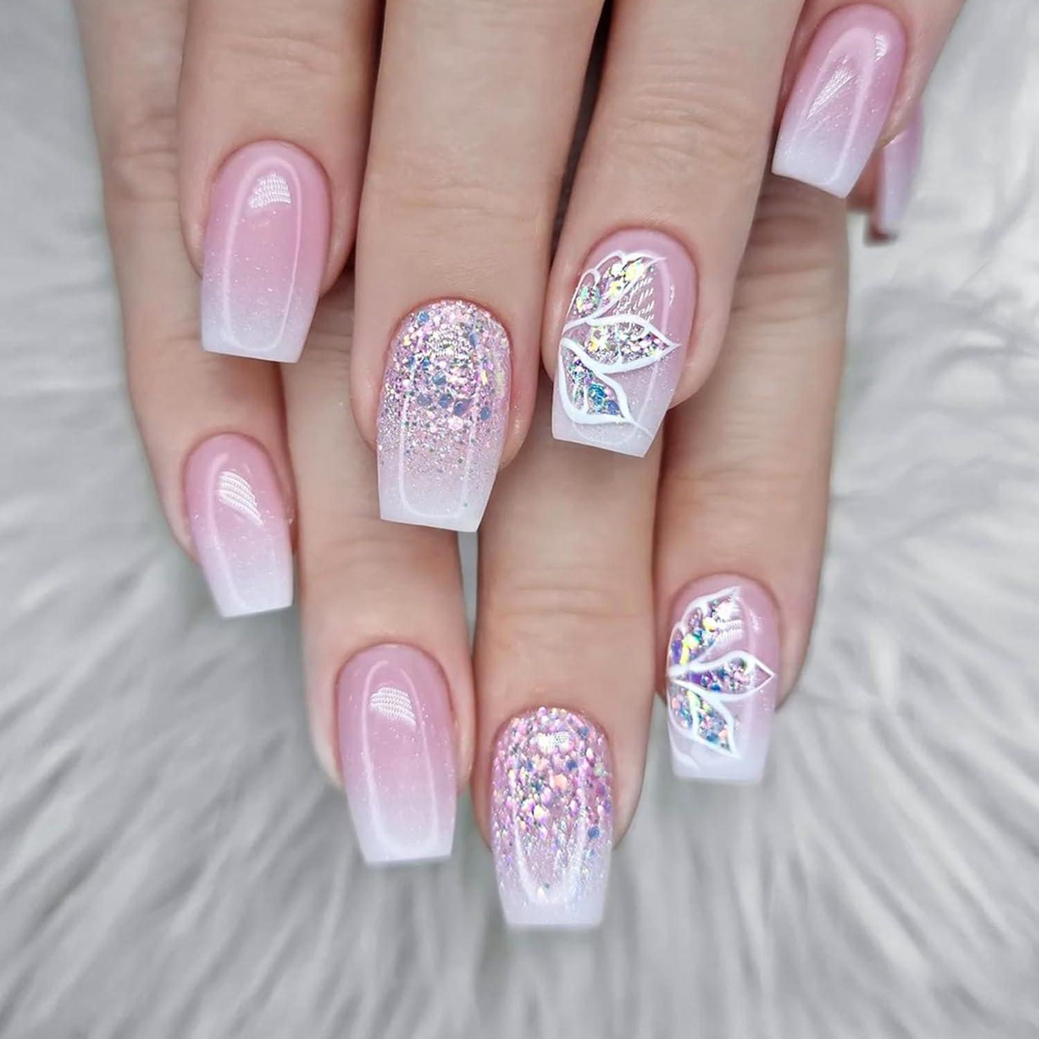 24 Stück Künstliche Nägel Aufkleben French Ballerina Rosa