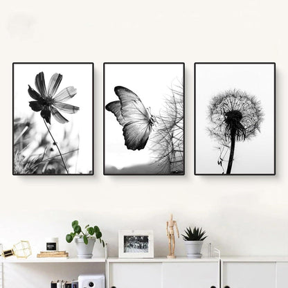 3er Poster Set Aesthetic Schwarz-Weißer Schmetterling Blume 40x50cm