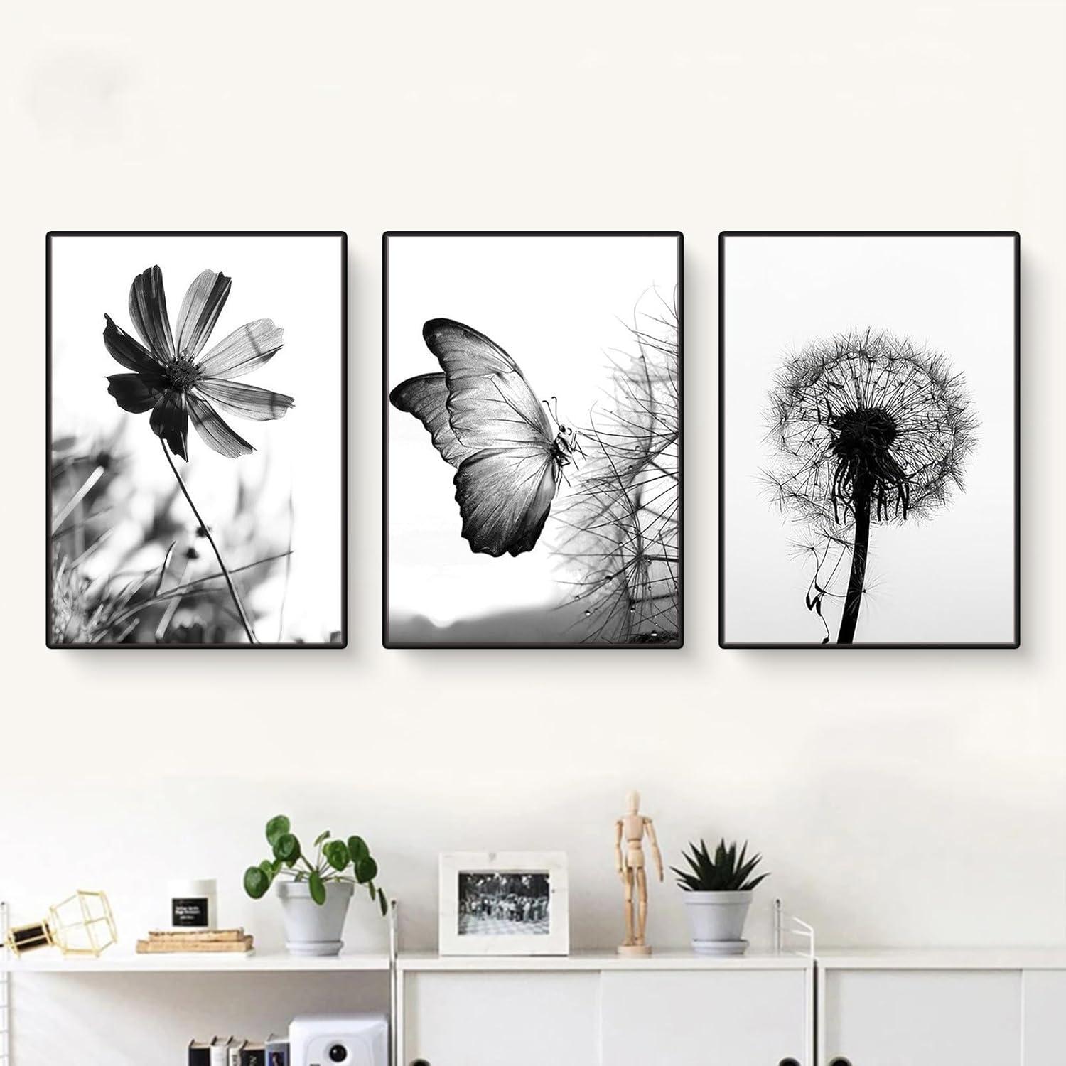 3er Poster Set Aesthetic Schwarz-Weißer Schmetterling Blume 40x50cm