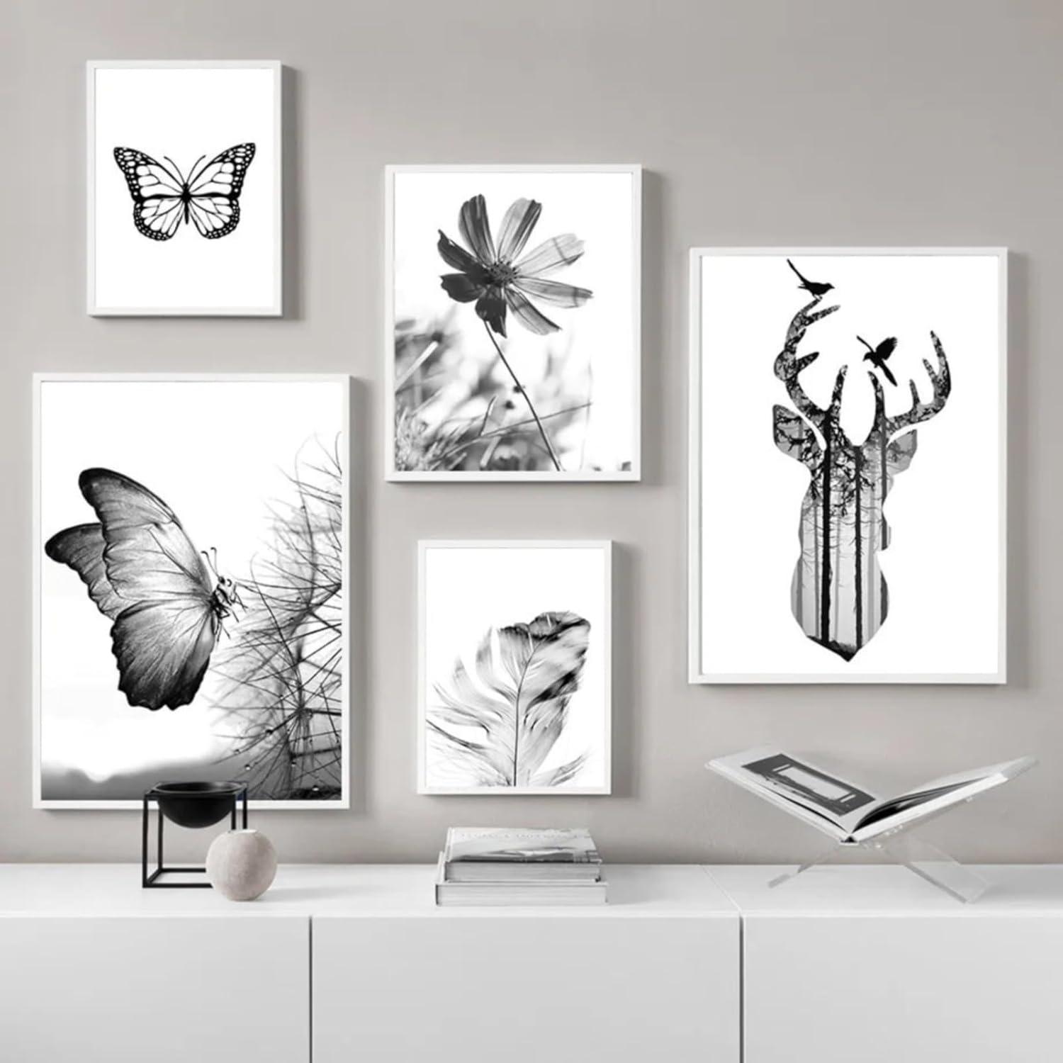 3er Poster Set Schwarz-Weißer Schmetterling Blume Wandbilder Wohnzimmer 40x50cm