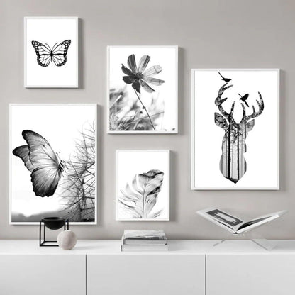 3er Poster Set Schwarz-Weißer Schmetterling Blume Wandbilder Wohnzimmer 40x50cm