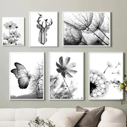 Schwarz-Weißer Schmetterling Blume Poster Set 3er Wohnzimmer Schlafzimmer 40x50cm