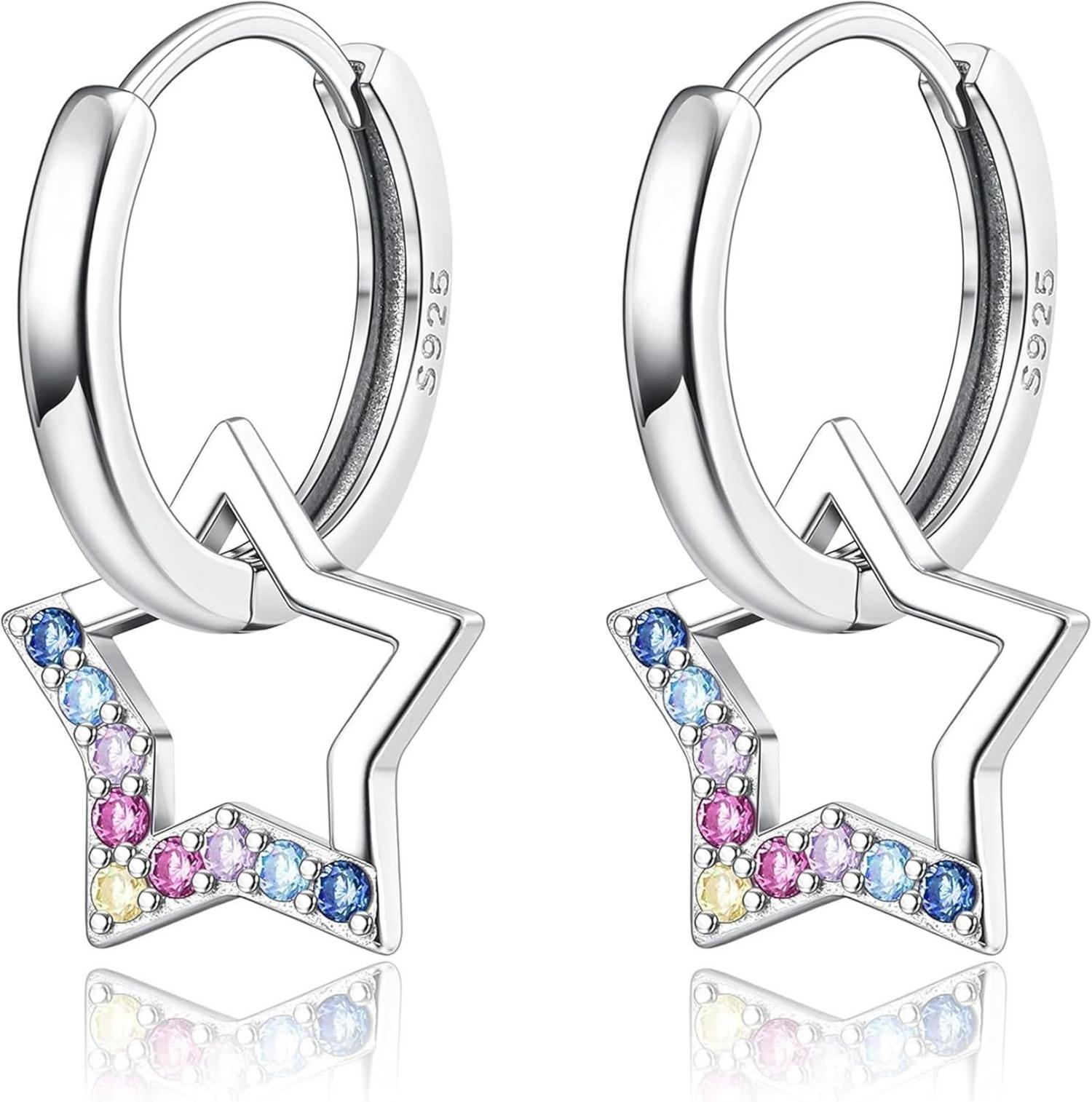 925 Silber Ohrringe Mädchen Zirkonia Creolen mit Stern Anhänger
