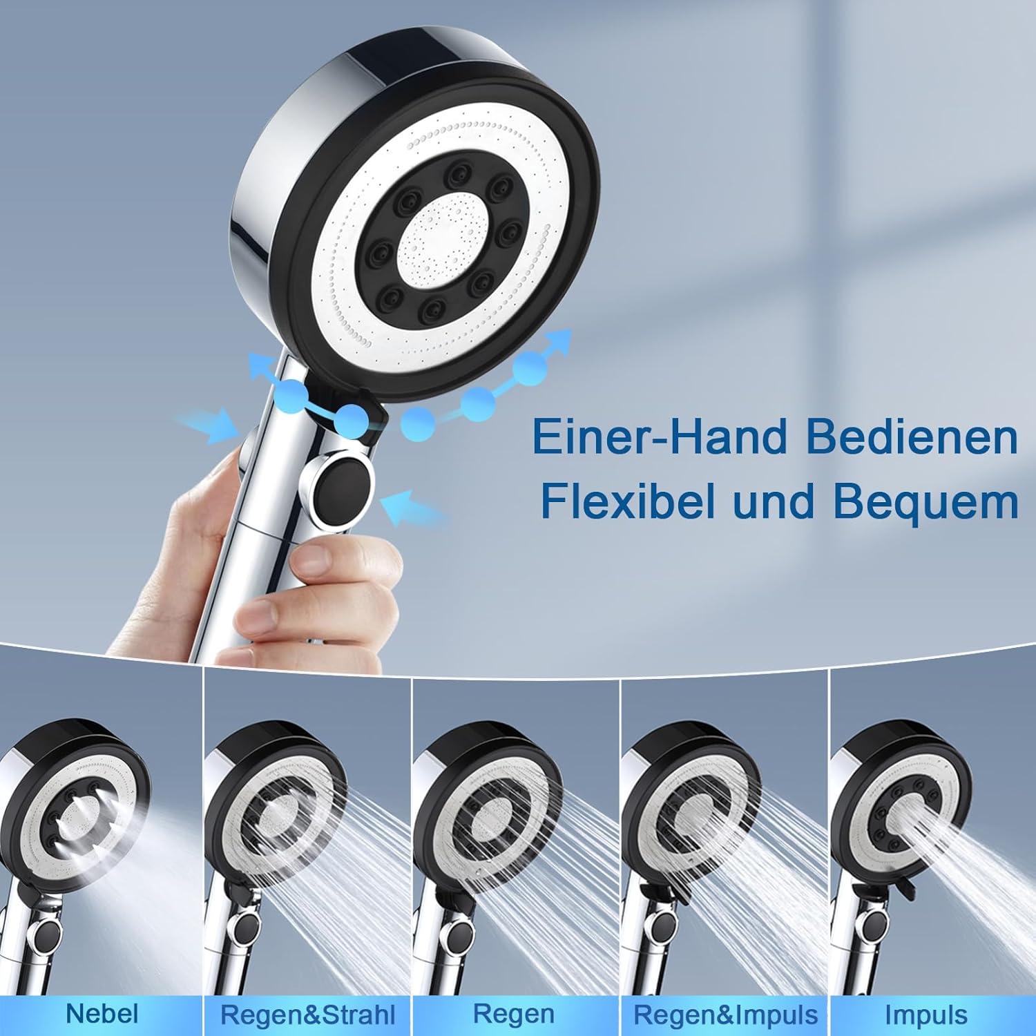 Duschkopf Filter mit Schlauch Handbrause Wassersparend 5 Strahlarten