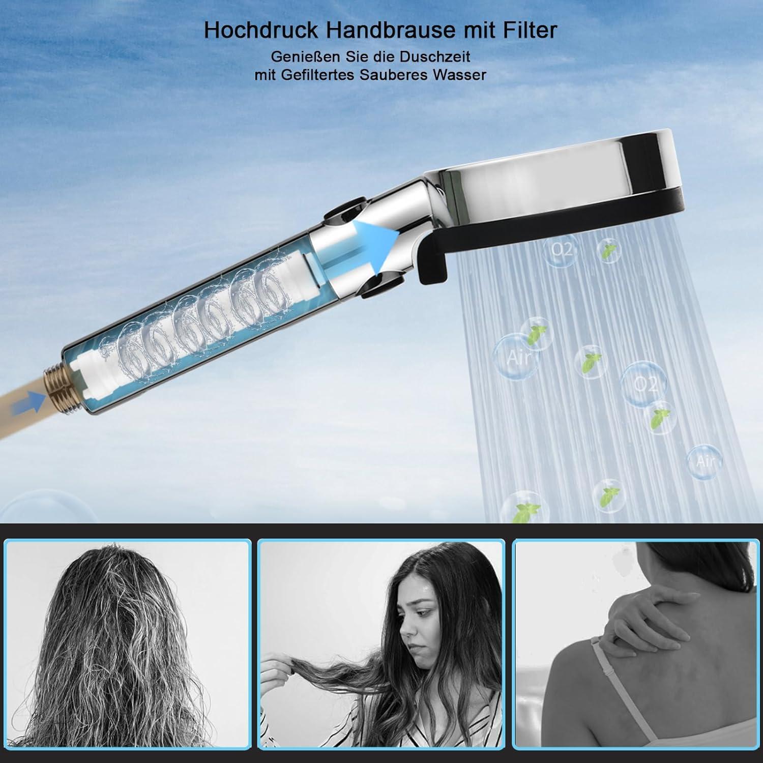 Nafall Duschkopf Filter 1.5m Schlauch Handbrause Wassersparend 5 Strahlarten Hochdruck Regendusche Stoppfunktion Chrom