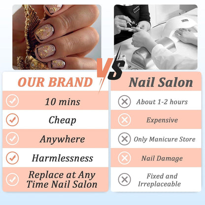 24 Eckige künstliche Nägel in Nude mit Schwarz Rand und Gold Glitzer. Hochwertige Acryl Full Cover Press on Nägel für Frauen