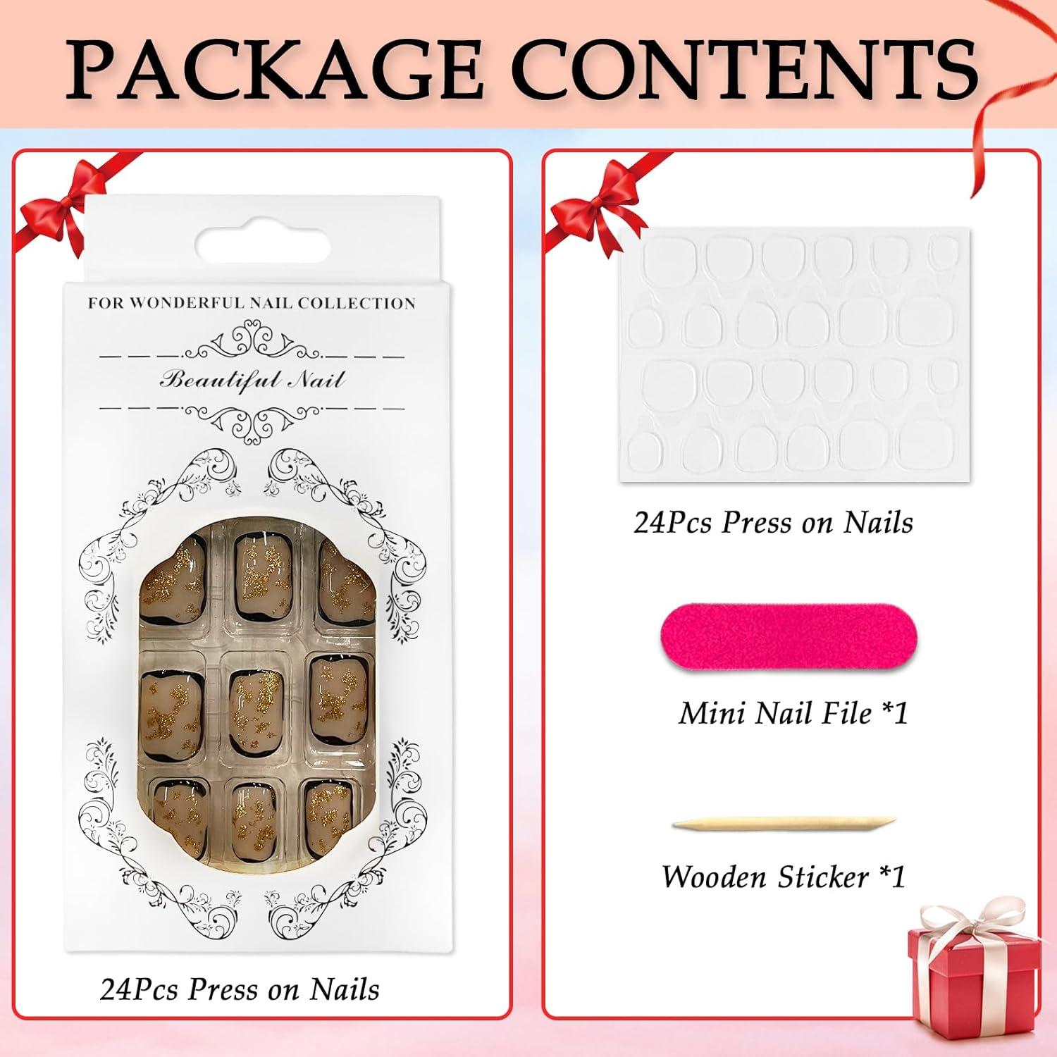 24 Stück Square Ballerina Acryl Nägel Press on Gold Glitzer French Fingernägel