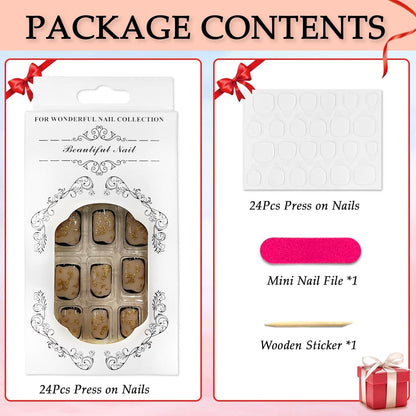 24 Stück Square Ballerina Acryl Nägel Press on Gold Glitzer French Fingernägel