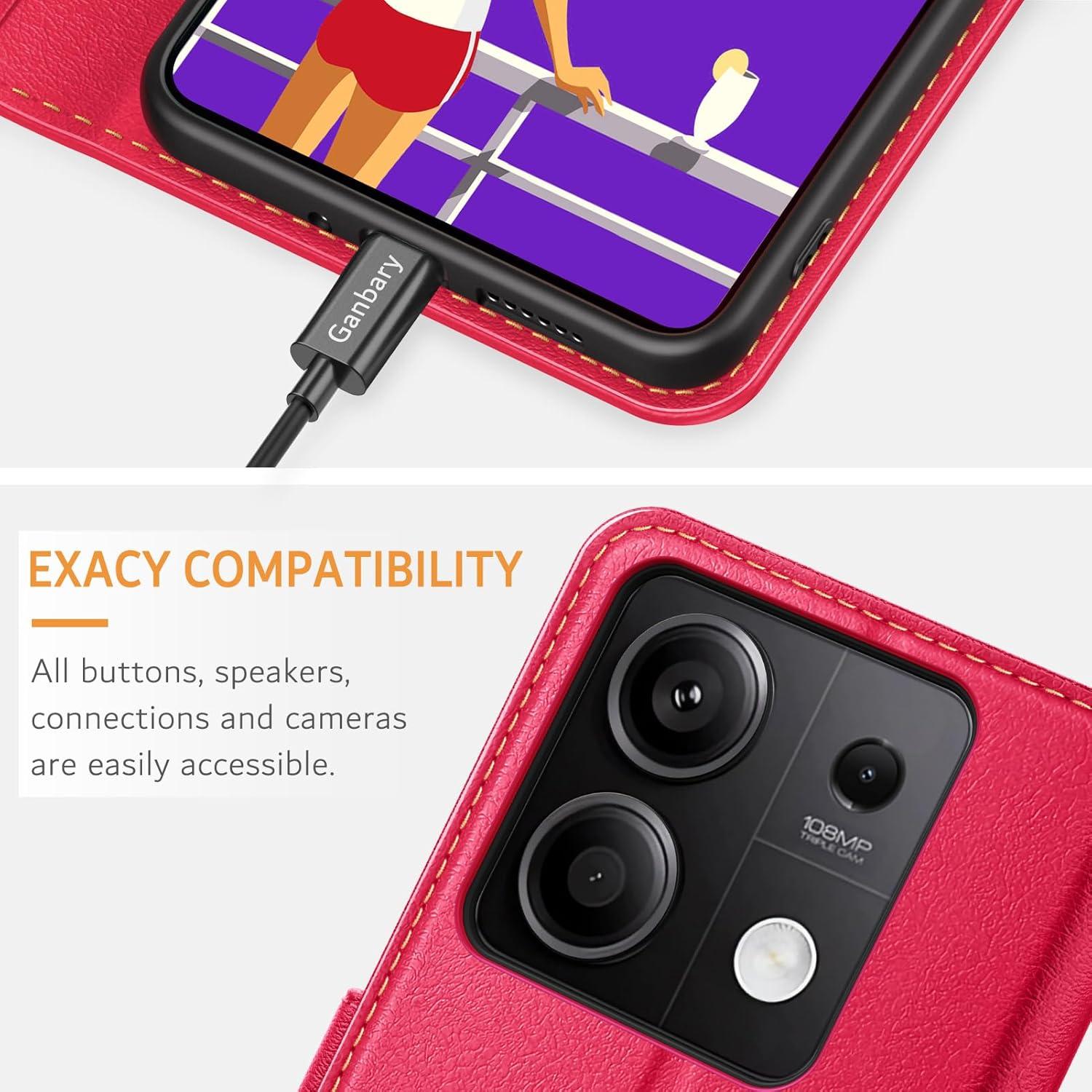 Xiaomi Redmi Note 13 5G Premium Leder Klapphülle mit Kartenschlitzen und Standfunktion, Rot