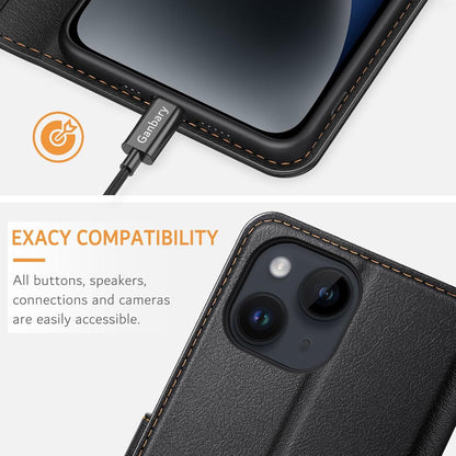 Schwarze Leder Handyhülle für iPhone 14 / 13 mit Kartenfächern und Standfunktion