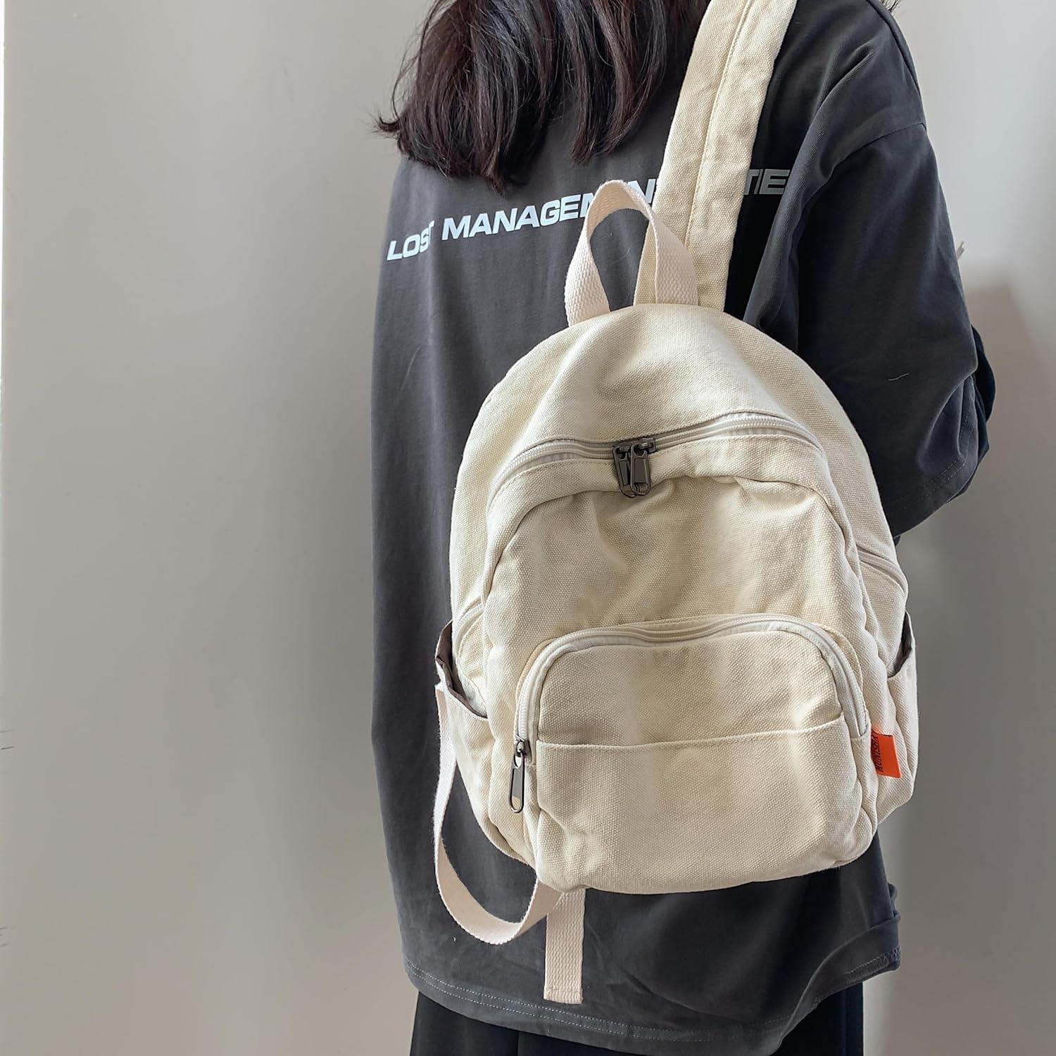 Makukke Damen Rucksack Klein Canvas Beige 10L für Schule Travel Wandern