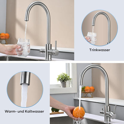 3-Wege Küchenarmatur mit Wasserfilter & 360° Drehung