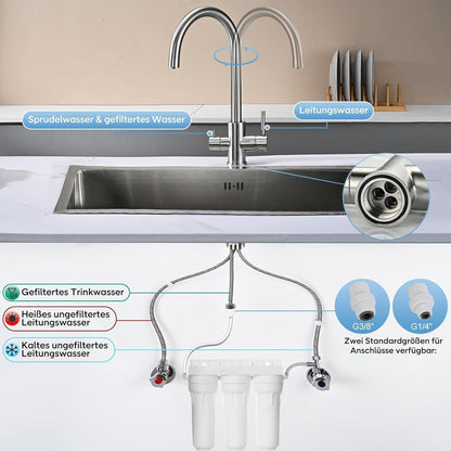 3-Wege Küchenarmatur mit Wasserfilter & 360° Drehung