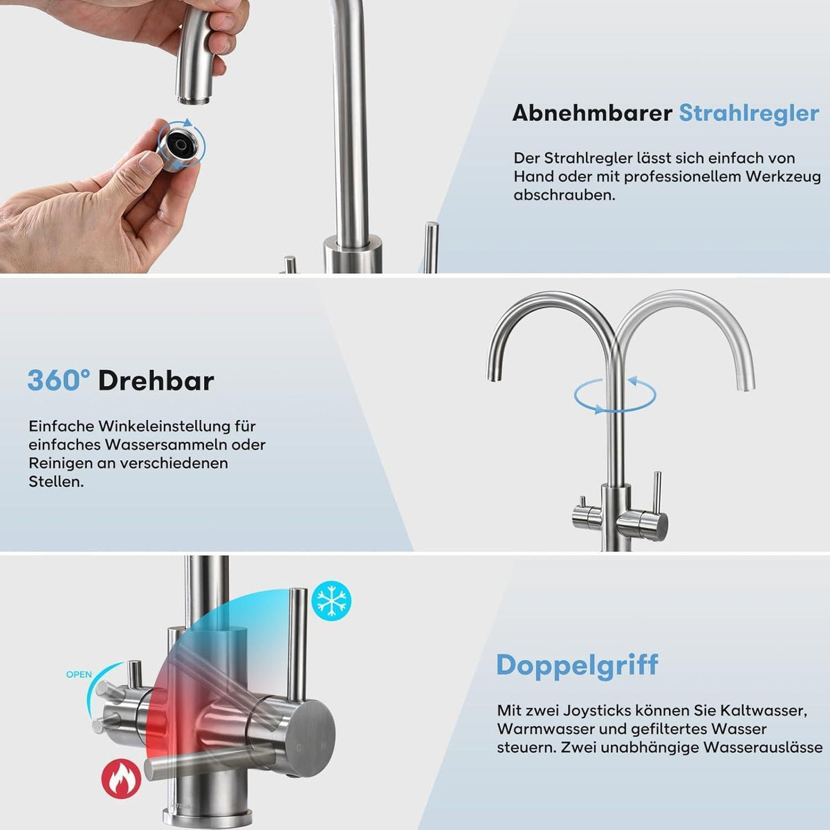 3-Wege Küchenarmatur mit Wasserfilter & 360° Drehung