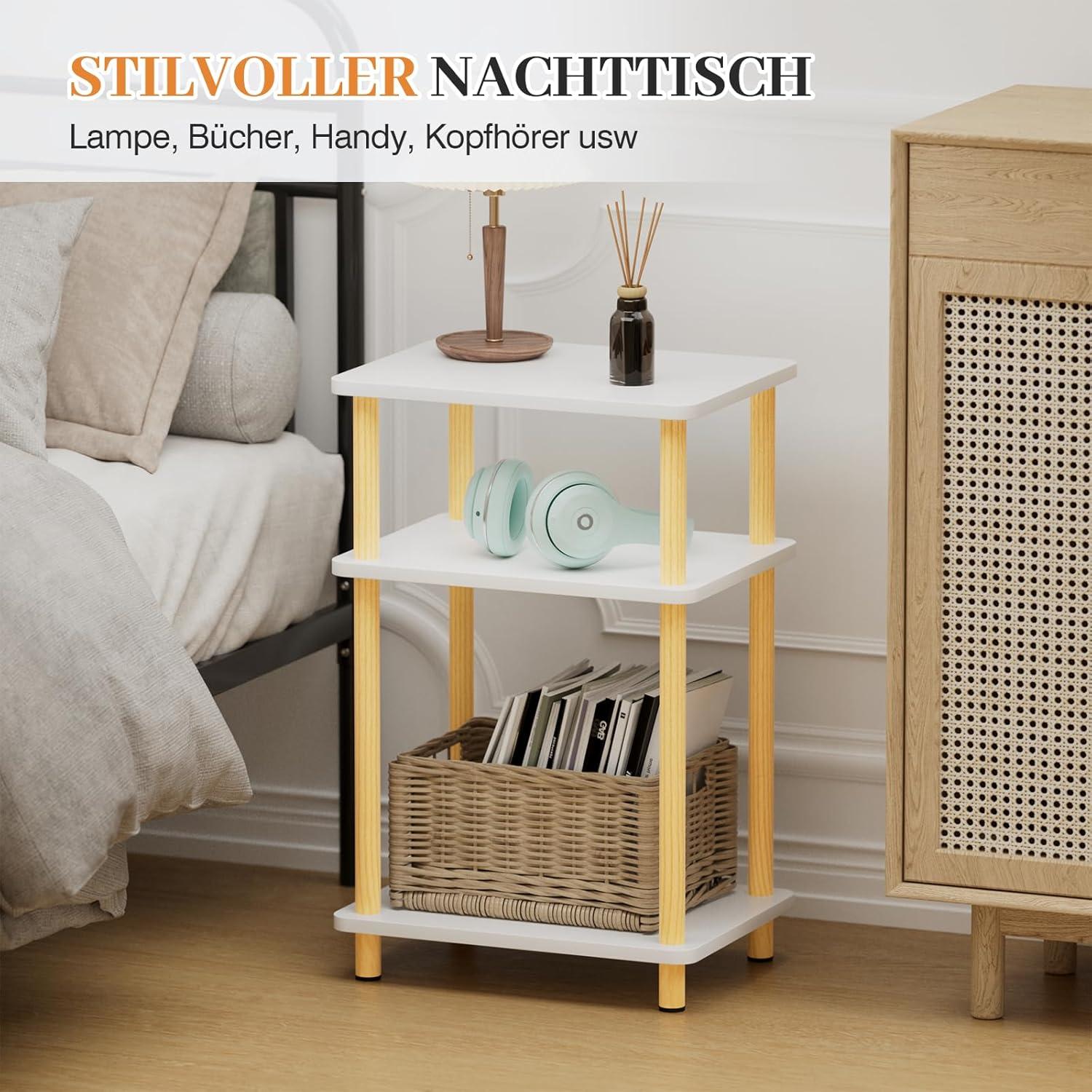 3 Tier Beistelltisch Holz Klein Modern 40x30cm Weiß Natur Eiche