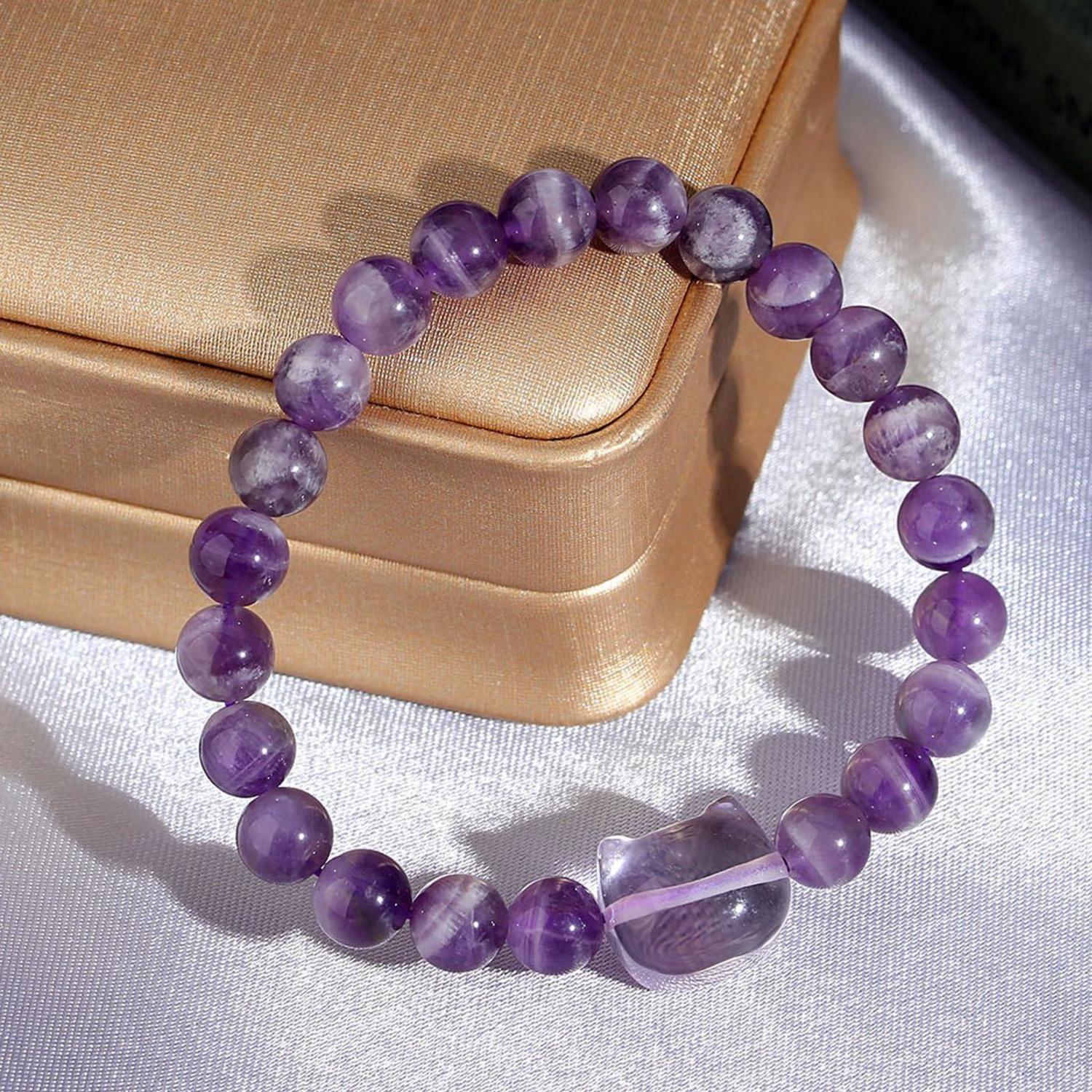 Kristalle Katzen Armband Damen Amethyst Rosenquarz 8mm