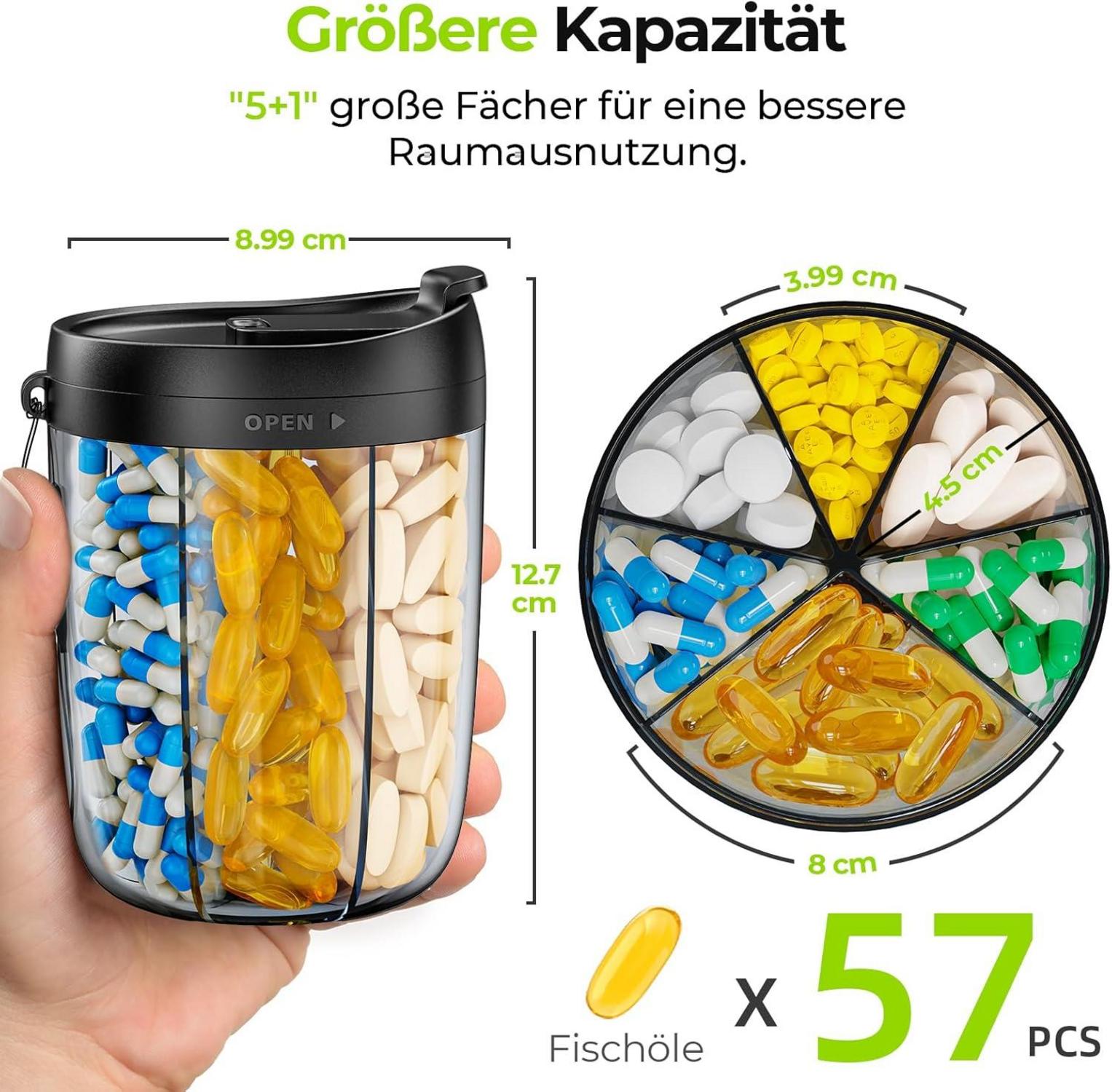 AUVON Tablettenbox 7 Tage Rund Pillendose 6 Fächer