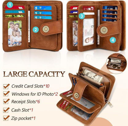 TEUEN Damen Geldbörse Vintage PU Leder Große Kapazität RFID Schutz Braun