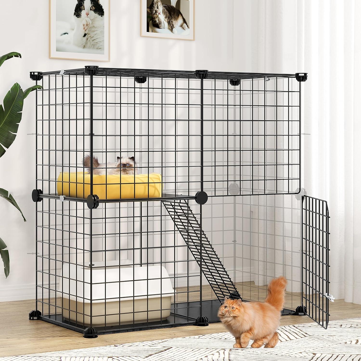 YITAHOME Katzenkäfig 2-stöckiger Laufstall 71x36x71cm Schwarz