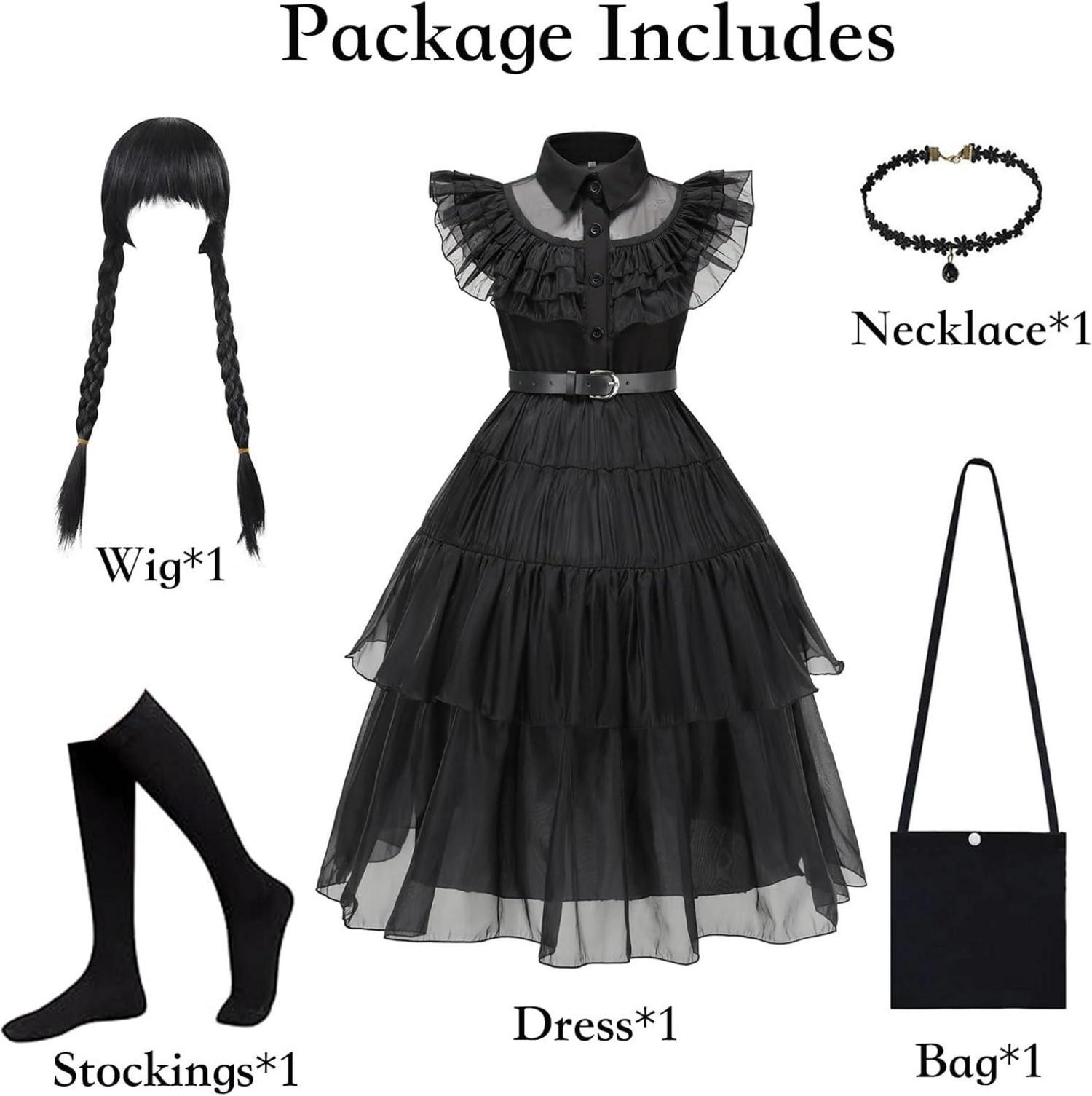 Mädchen Wednesday Kostüm Deluxe Set Schwarz 6 Stück Größe L Halloween Karneval Cosplay
