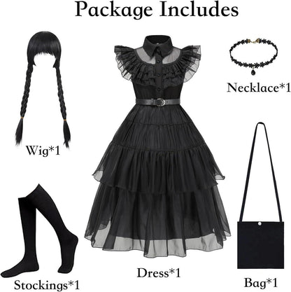Mädchen Wednesday Kostüm Deluxe Set Schwarz 6 Stück Größe L Halloween Karneval Cosplay