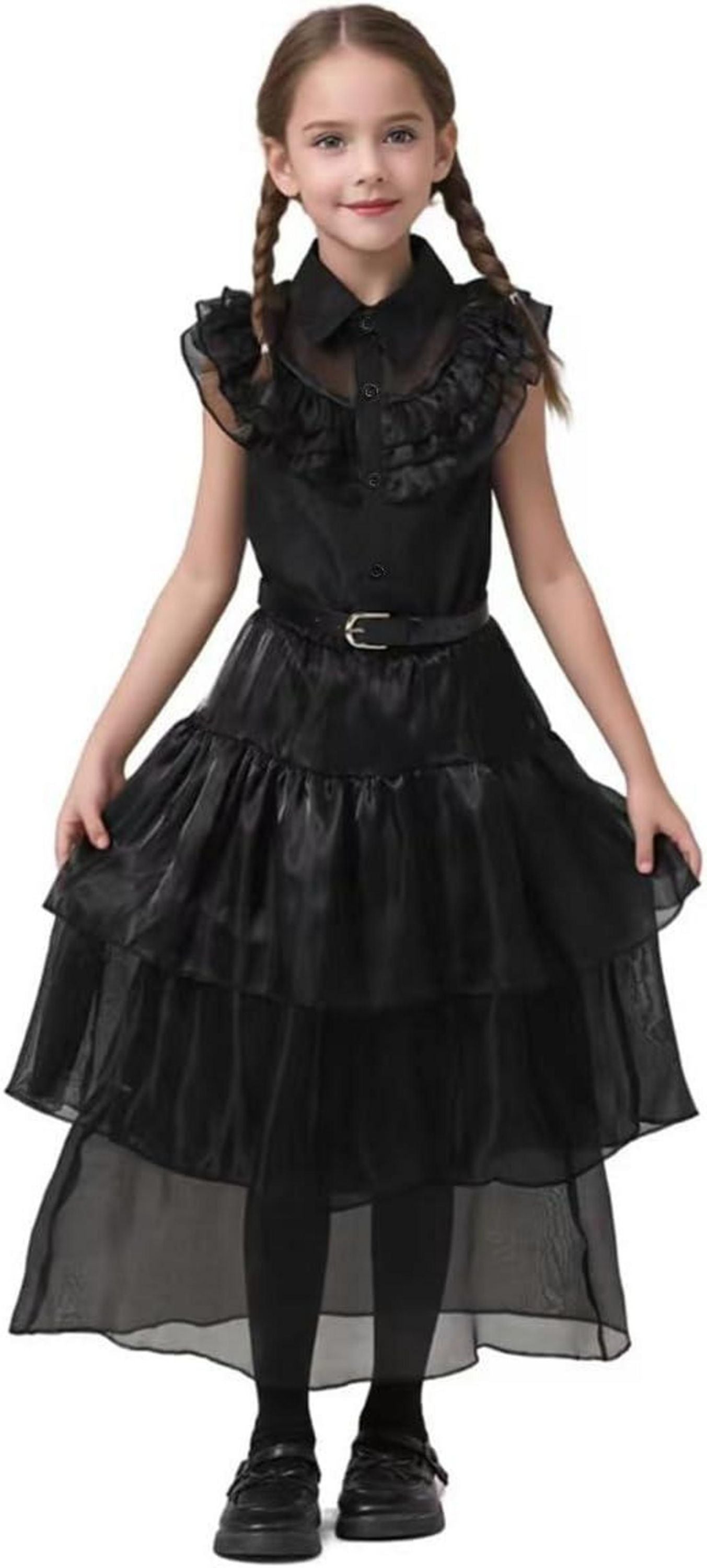 Mädchen Wednesday Kostüm Kinder Deluxe Schwarzes Kleid Set Halloween Gr. L