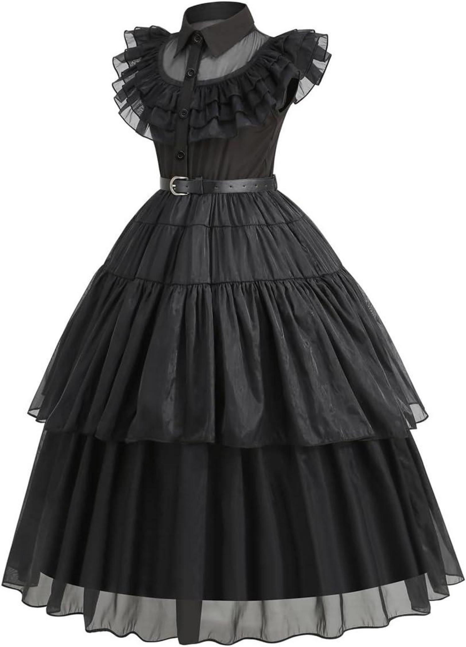 Mädchen Wednesday Kostüm Kinder Deluxe Schwarzes Kleid Set Halloween Gr. L