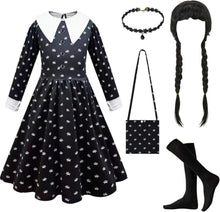 Wednesday Kostüm Mädchen Set mit Perücke Gothic Kleid Kinder Halloween