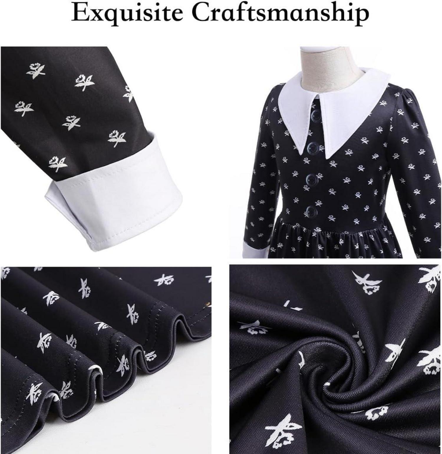 Wednesday Kostüm Mädchen Set mit Perücke Gothic Kleid Kinder Halloween