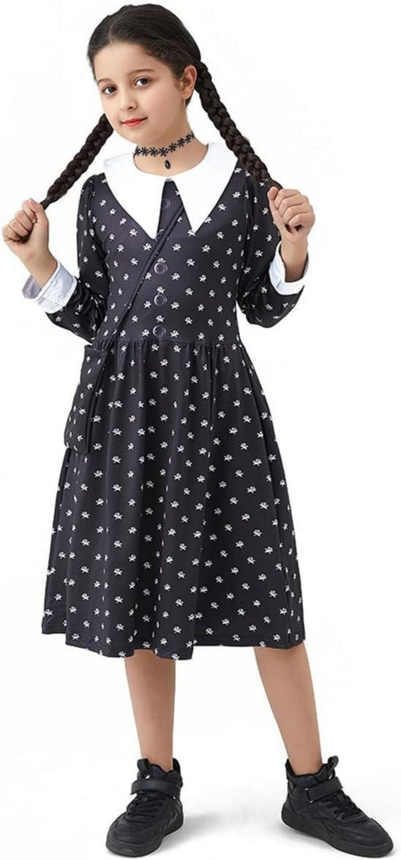 Kinder Mädchen Wednesday Addams Halloween Kostüm Set 7-8 Jahre