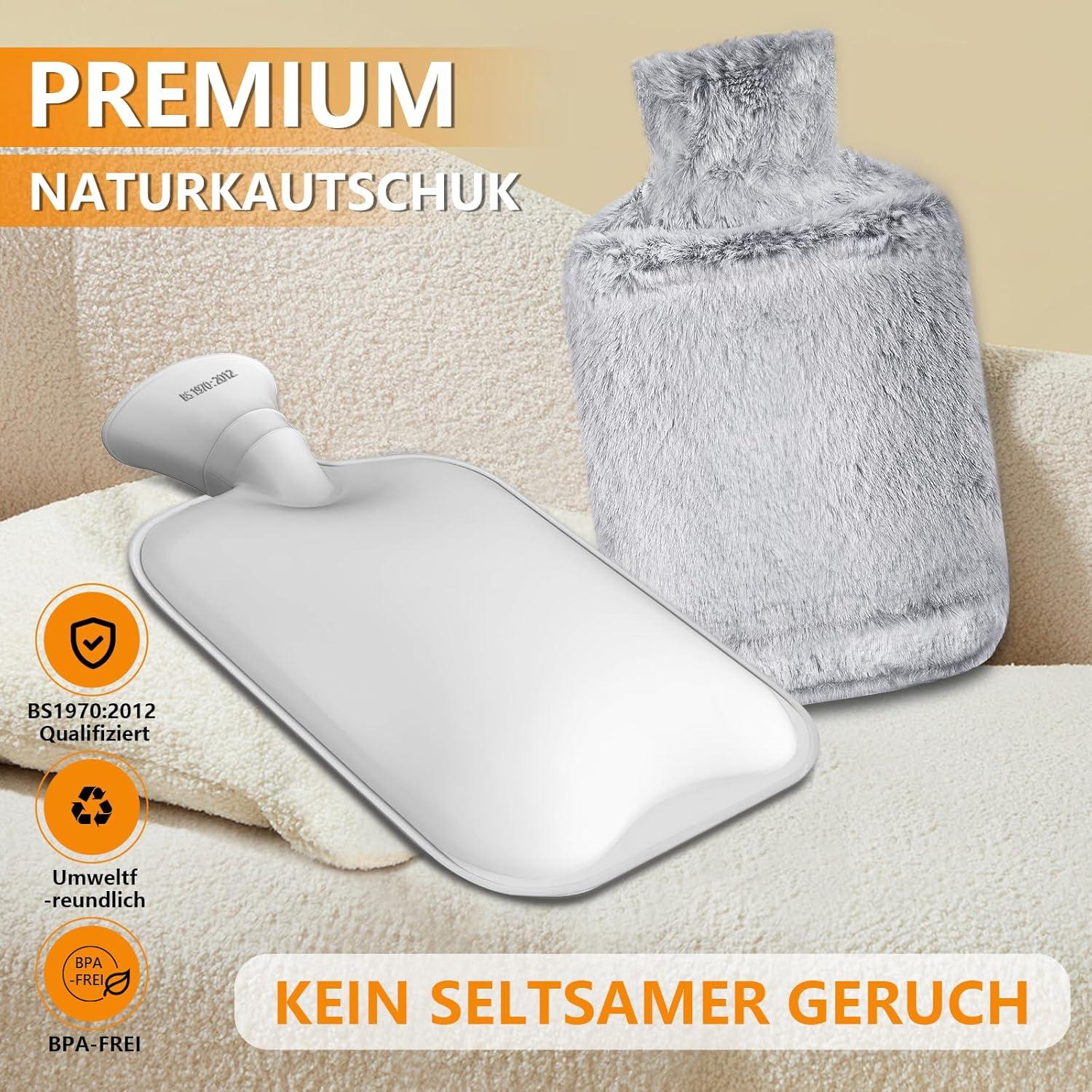 NOVATREK Wärmflasche 2L mit Känguru Plüschbezug - Grau