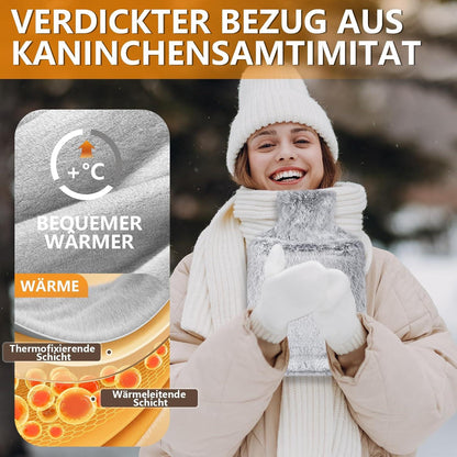 Wärmflasche Känguru 2L Auslaufsicher Fellbezug Grau