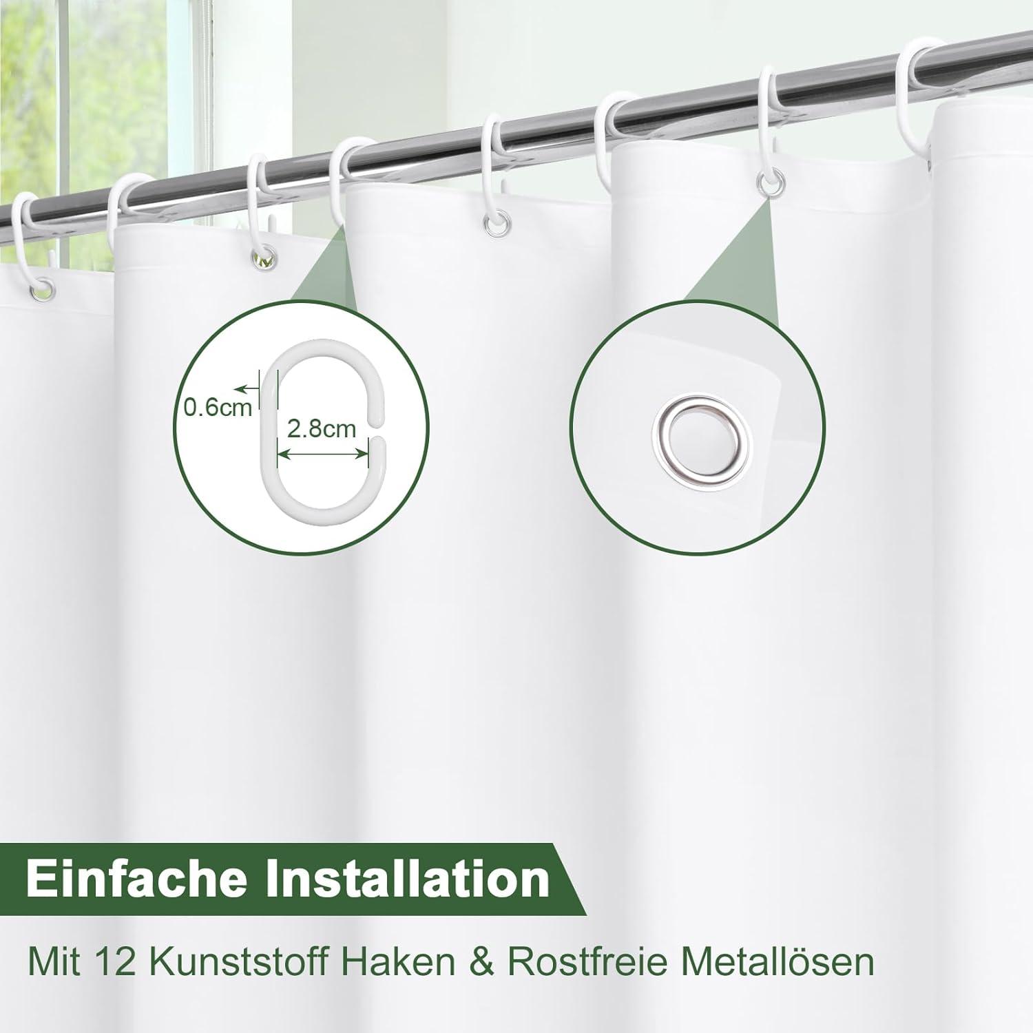Duschvorhang Weiß 180X180 Wasserdicht Antischimmel Badvorhang 12 Ringe 3 Steine