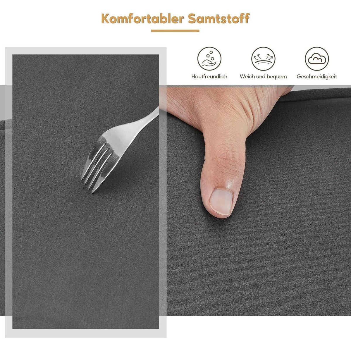 Samt Esszimmerstühle 4er-Set mit Armlehnen & Kissen, Grau