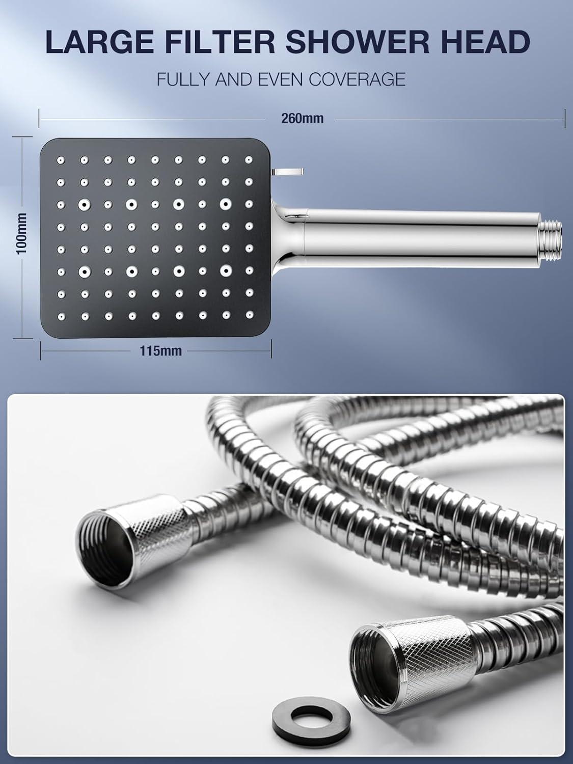 YEAUPE PRO Duschkopf mit Schlauch, Filter & 6 Strahlarten, Hochdruck Handbrause, Quadrat Brausekopf, Sparduschkopf mit Antikalk-Funktion