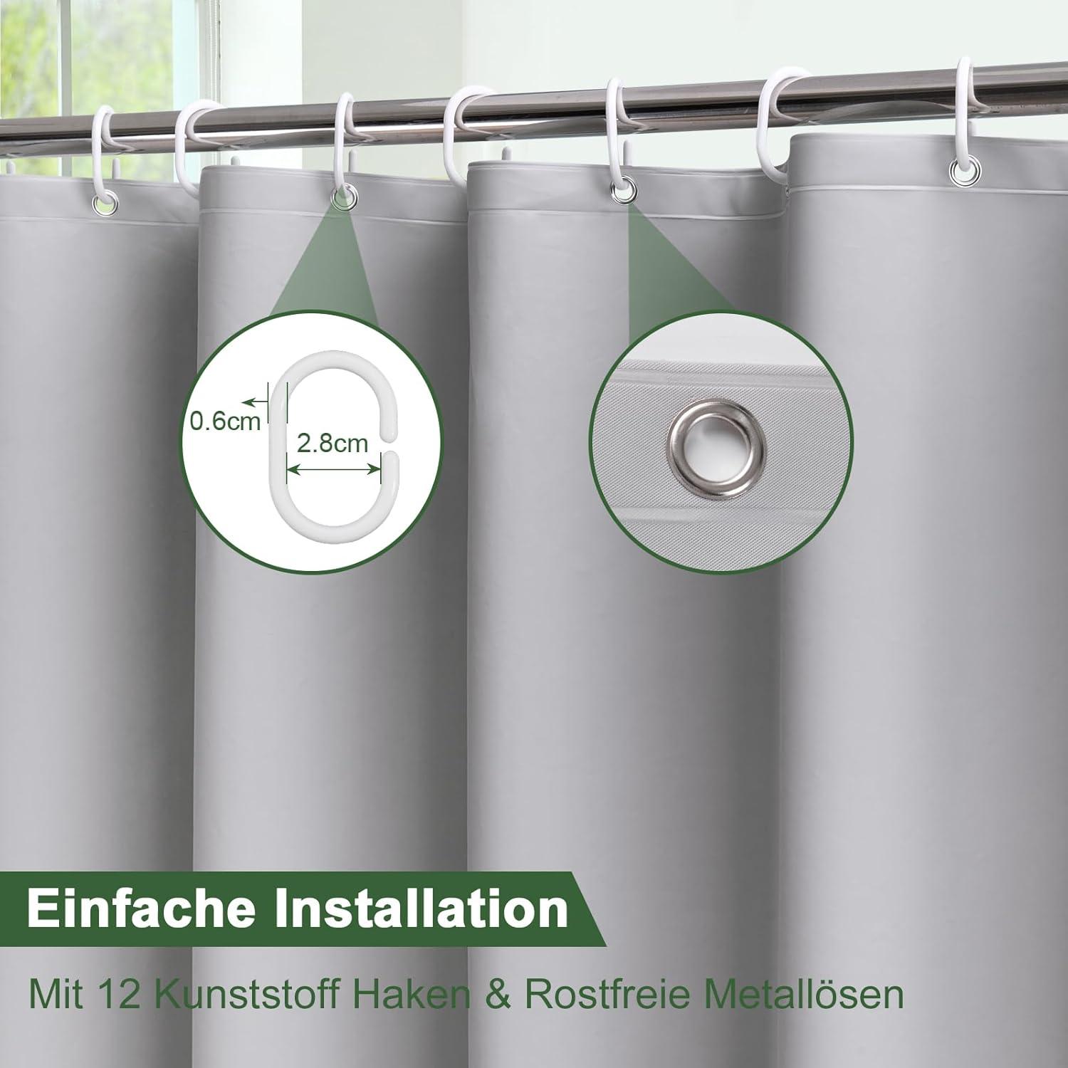 Duschvorhang Grau 120x200 Wasserdicht Antischimmel 8 Ringe 3 Steine