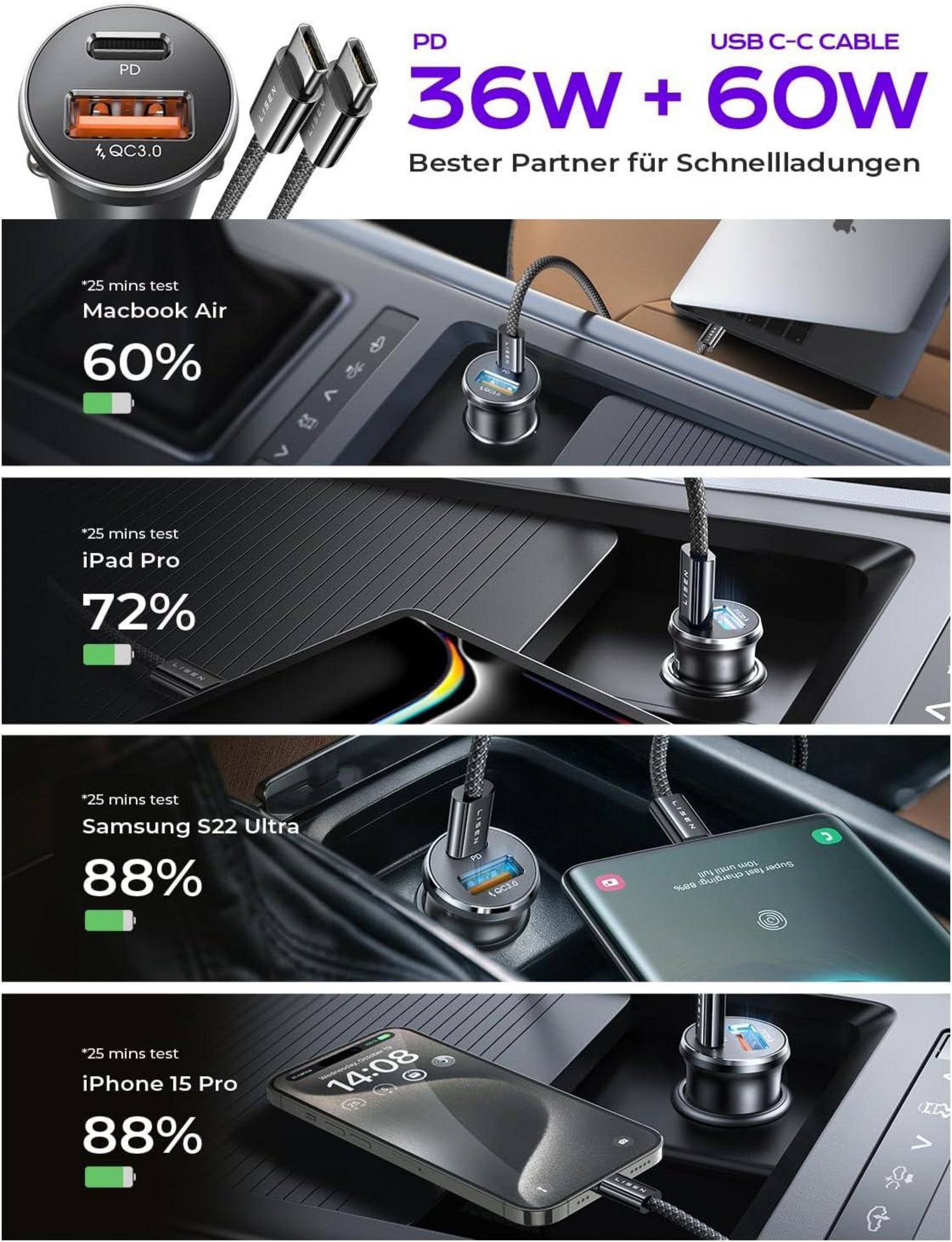 LISEN 66W Zigarettenanzünder USB-C Auto Ladegerät PD65W Dualer Schnellladung