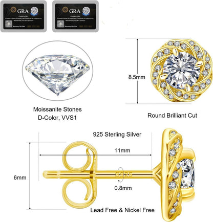 Damen Moissanit Ohrringe 1,0/2,0 Karat Halo Blume Silber 925 Weißgold