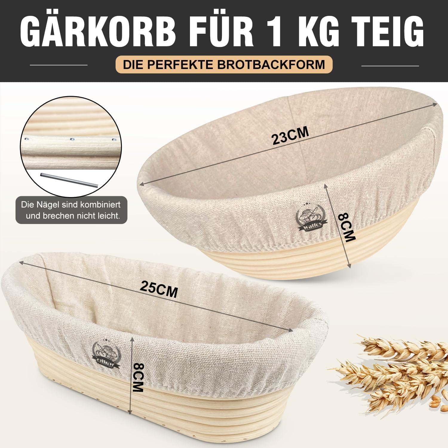 Gärkörb Set 2-teilig 23cm Rundes & 25cm Oval mit Zubehör - Natürliches Rattan, Bäckermesser, Leintücher, Teigschaber, Bürste