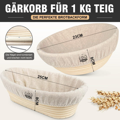 Gärkörb Set 2-teilig 23cm Rundes & 25cm Oval mit Zubehör - Natürliches Rattan, Bäckermesser, Leintücher, Teigschaber, Bürste